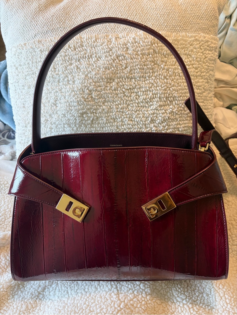 Salvatore Ferragamo Deep Burgundy Patent Shoulder Bag with Gold Hardware